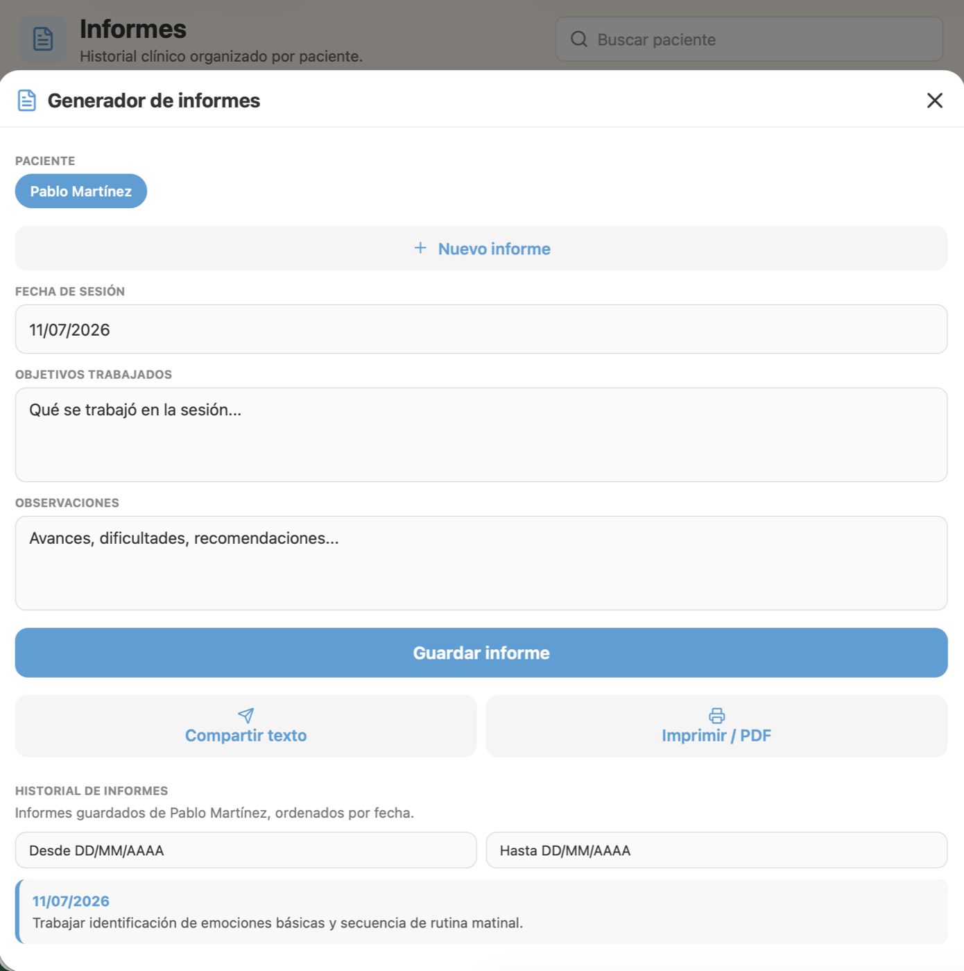 Generador de informes clínicos con historial y filtros por fechas