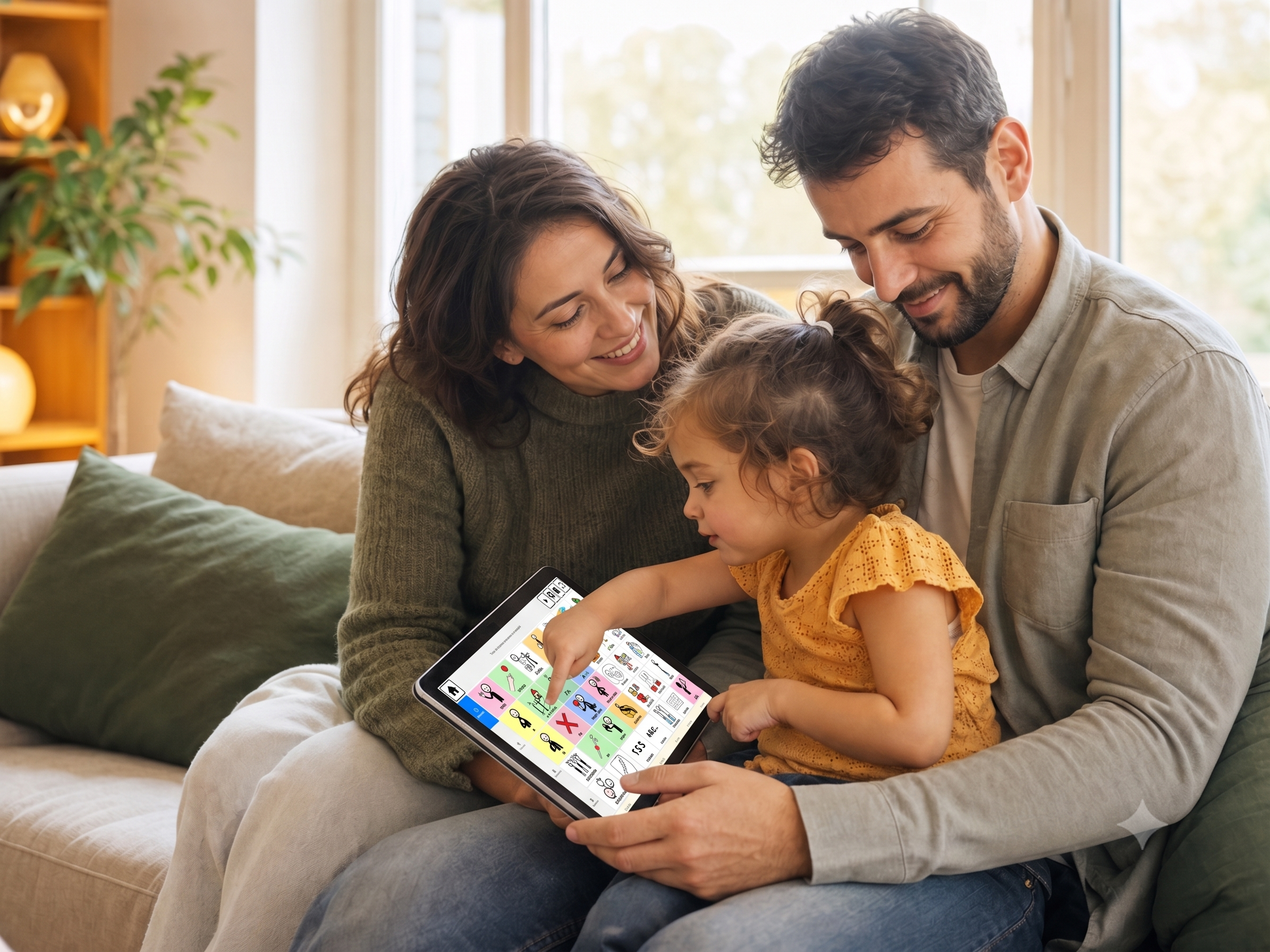 Familia utilizando el comunicador visual de NicoNeXo en una tableta